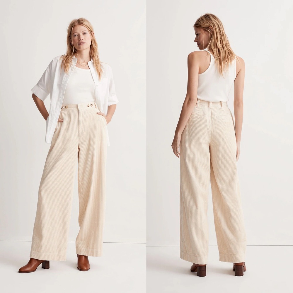 Madewell Harlow Wide Leg Corduroy Pants Women 6 Ivory High Rise Button Detail